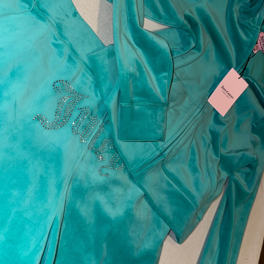 Juicy Couture Velour Hoodie and Shorts Set Coastal Teal Rhinestone Logo M
